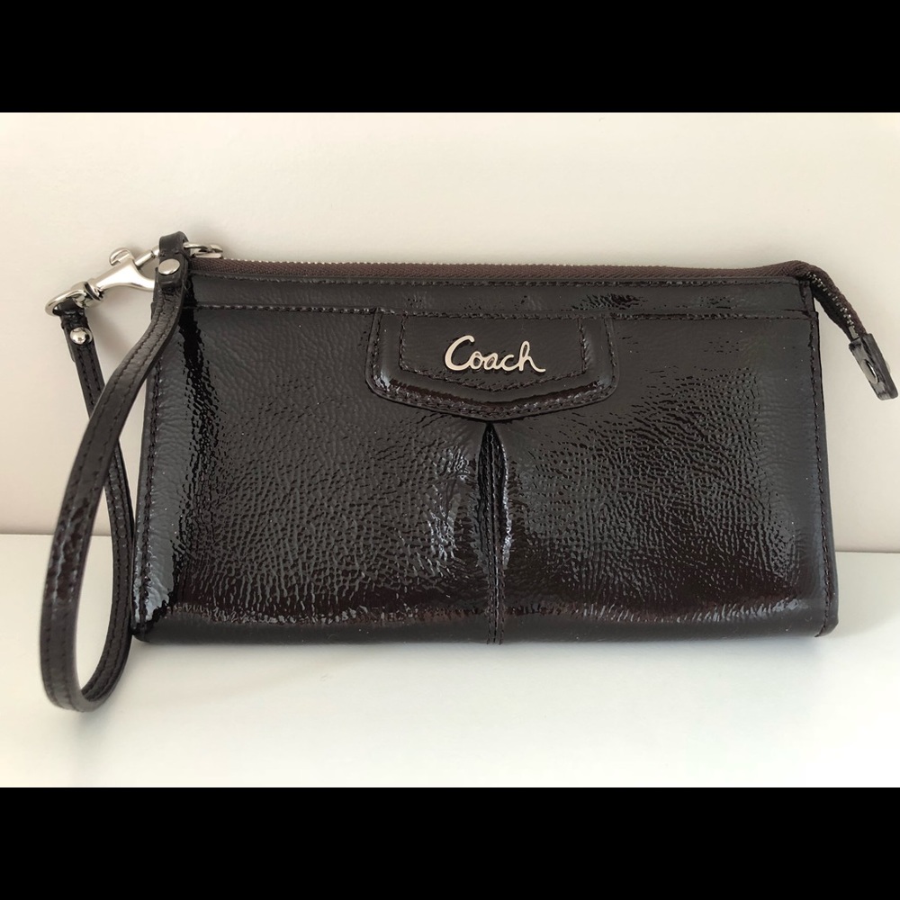 Brown patent Coach wristlet.